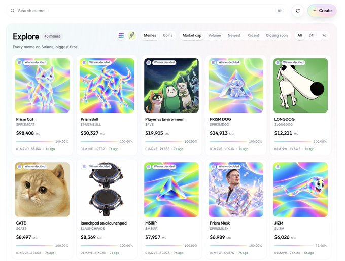 A web interface for exploring Solana memes displays various tokens with 'Winner decided' badges, including PrismCat ($98,408), Prism Bull ($30,327), PRISM DOG ($14,913), and LONGDOG ($12,211).