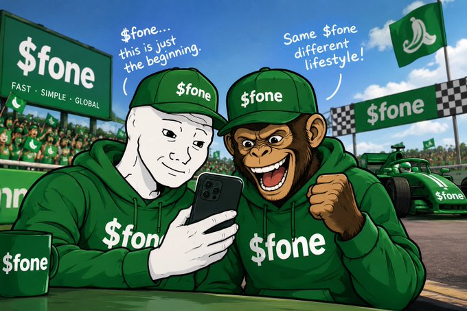 The image shows a Wojak and an ape character wearing green "$fone" branded hoodies and hats, excitedly looking at a smartphone with speech bubbles reading "$fone... this is just the beginning" and "Same $fone different lifestyle!" alongside "$fone" billboards, flags, and a racing car in the background.

The image relates to the post by showing meme characters enthusiastically using their phone to trade, with the ape celebrating his gains on the $fone platform via the pumpfun app, matching the caption's theme of making 10k$ and loving the experience.