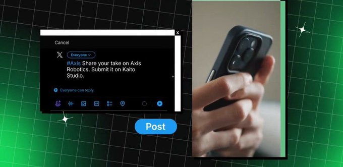 A composite graphic showing a social media post creation interface on the left reading '#Axis Share your take on Axis Robotics. Submit it on Kaito Studio.' with a blue 'Post' button, alongside a photograph of a hand holding a smartphone with a black case on the right.