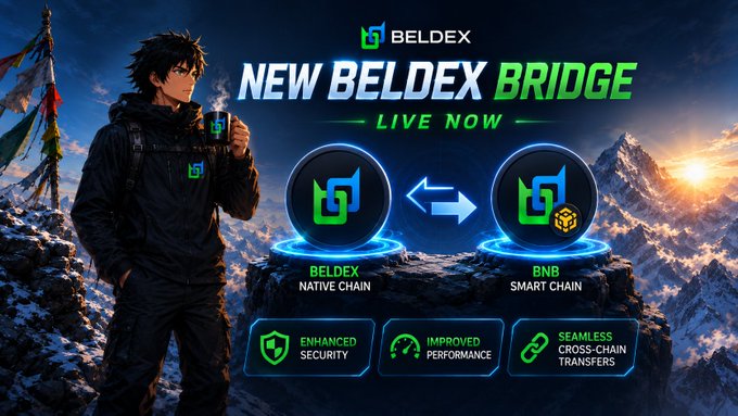 A promotional graphic for 'BELDEX' announces a 'NEW BELDEX BRIDGE' between the BELDEX Native Chain and BNB Smart Chain, highlighting 'ENHANCED SECURITY', 'IMPROVED PERFORMANCE', and 'SEAMLESS CROSS-CHAIN TRANSFERS'.