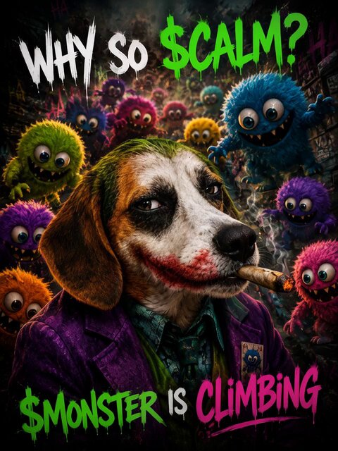 The image features a dog wearing a purple jacket, holding a cigarette and surrounded by numerous colorful, cartoon-like creatures with big eyes and mouths. The text above the dog reads "Why so calm? Why so scam?" which seems to be a reference to the Joker character from the Batman movie series.

The post also includes an image of the Joker character in his iconic red cape, holding a cigarette as well. This adds to the overall theme of the image and reinforces the connection between the dog's appearance and the Joker character.