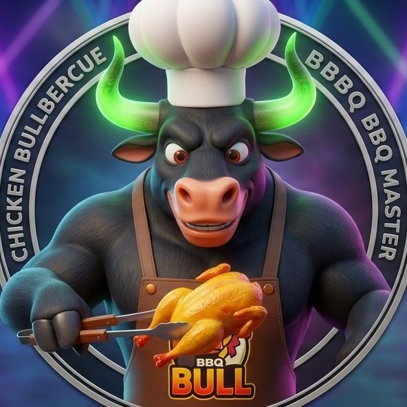 A vibrant circular logo featuring a muscular black bull wearing a chef's hat and apron, holding tongs with a roasted chicken, surrounded by the text 'CHICKEN BULLBERCUE BBQ BBQ BBQ MASTER' and 'BBQ BULL'.