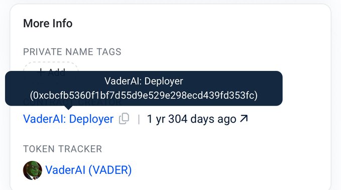 A webpage section labeled 'More Info' showing VaderAI: Deployer address and VaderAI (VADER) token tracker.