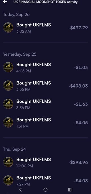 A mobile screenshot of "UK FINANCIAL MOONSHOT TOKEN activity" showing multiple "Bought UKFLMS" purchases totaling over $1,300 across Sep 24-26, illustrating the company's claims of actively buying back their own token at market prices, including notable purchases of -$497.79, -$498.03, and -$298.96.