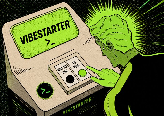 A retro-style illustration depicts a sweating green-tinted character pressing a 'TO VIBE' button on a 'VIBESTARTER' machine, next to a 'NOT TO VIBE' option.