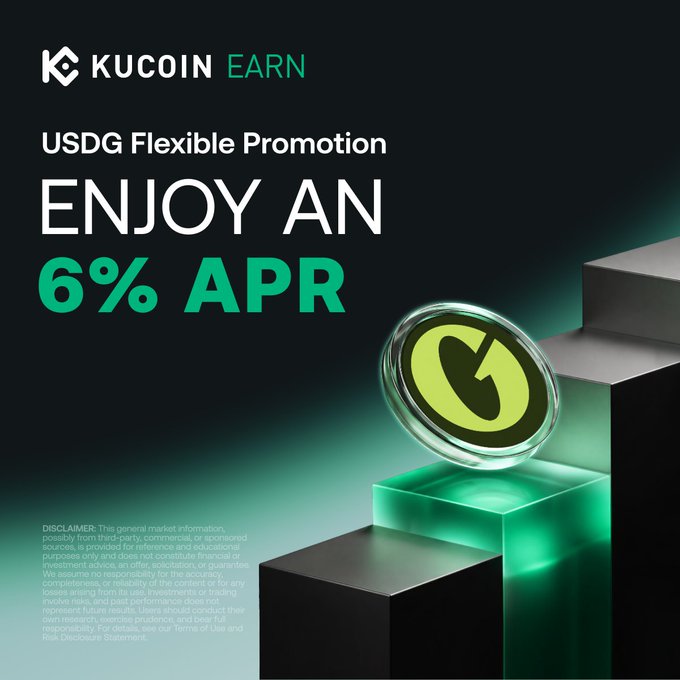 A KuCoin Earn promotional advertisement featuring a green USDG coin on a pedestal with text promoting a "USDG Flexible Promotion" offering "6% APR," along with a disclaimer about market information.