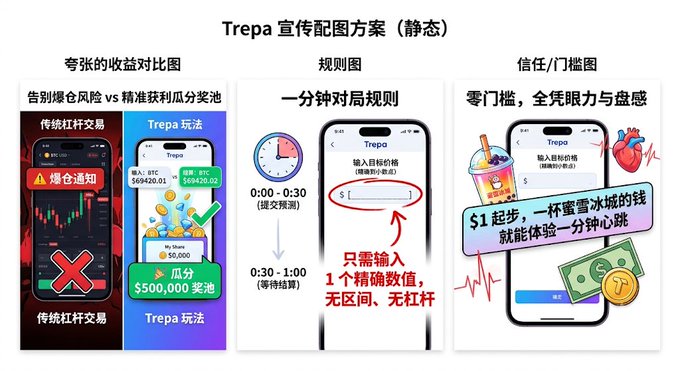 A static promotional infographic for Trepa ($trepa_io) featuring three side-by-side panels that highlight the platform's key features: (1) "Exaggerated Profit Comparison" contrasting traditional leveraged trading with Trepa's $694,820.01 BTC vs $694,820.02 ETH winning positions against a $5,000 loser, (2) "Rule Diagram" showing a simple 1-minute countdown betting window to predict "Up" or "Down," and (3) "Trust/Threshold Panel" emphasizing low $1 starting bets alongside emojis of boba, hearts, and money, all designed to pitch Trepa as a simpler, lever-free alternative to traditional crypto trading.