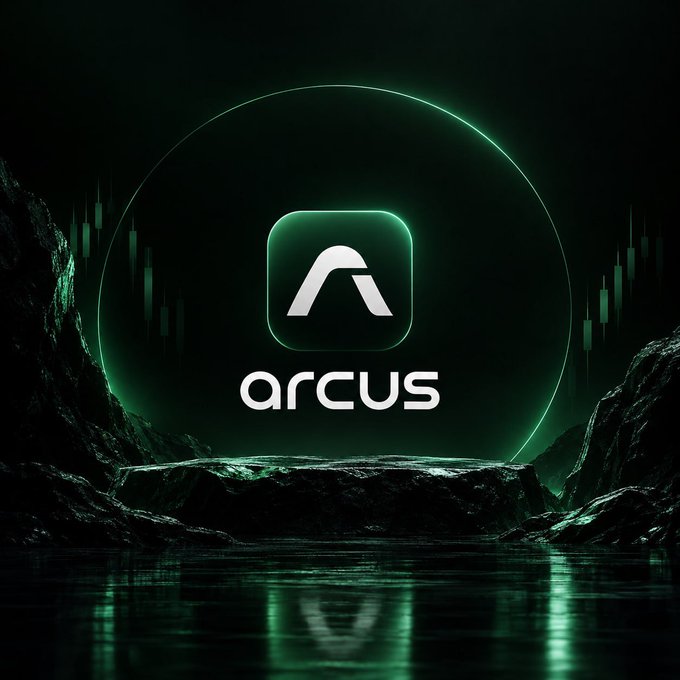 A dark, atmospheric logo graphic for 'arcus' featuring a glowing green app icon with a stylized 'A' symbol, set against a circular neon green ring with rocky terrain and a reflective water surface below.