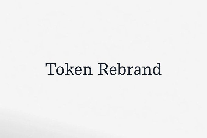 The image displays the text "Token Rebrand" in a serif font centered on a plain white background, serving as a simple title slide. It visually introduces the accompanying post's discussion about the crypto industry pattern of projects rebranding or renaming themselves—often when facing liquidity crises or poor chart performance—as a way to distance from past failures and attract renewed investor interest.