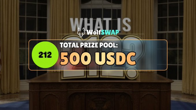 Graphic asking 'WHAT IS' with the WolfSWAP logo, revealing a 'TOTAL PRIZE POOL: 500 USDC' displayed on a podium-like platform with the WolfSWAP wolf head icon.