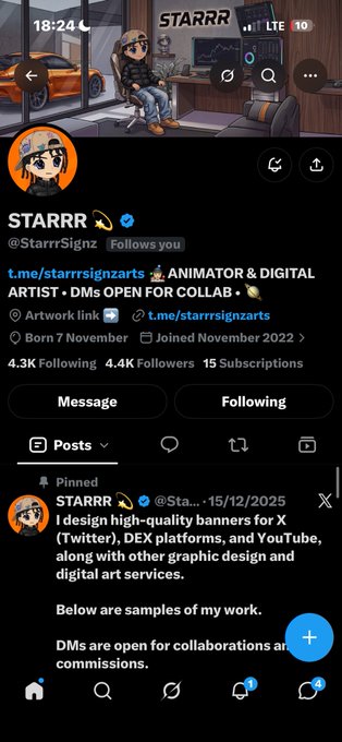 A screenshot of an X (Twitter) profile for 'STARRR' (@StarrrSignz), an animator and digital artist, showing their banner with anime-style artwork and bio details.