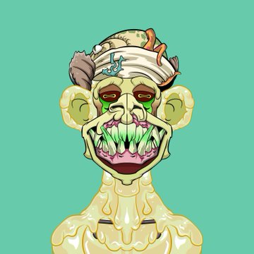 A cartoon-style illustration of a melting, pale green figure with a stitched head covering, green eye markings, and sharp teeth against a solid green background.