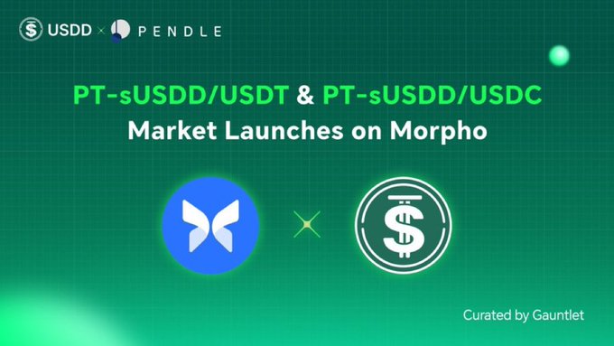 The image presents a poster advertisement for a cryptocurrency named "PT-sUSDD" which stands out against a green background that depicts butterflies fluttering around it. The text above this imagery states, "Market Launches on Morpho". This implies that PT-sUSDD/USDTC and PT-sUSDC are linked to the promotion of a new cryptocurrency named PT-sUSDD. The poster is presented in an eye-catching manner to attract attention to the new opportunity for people to invest their money by participating in this particular Cryptocurrency market.