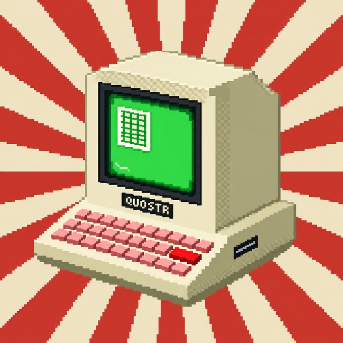 A pixel-art retro computer labeled "QUOSTR" displays a green grid icon on its screen, set against a red and cream sunburst background. The image visually represents the Quotron-style trading terminal referenced in the post, symbolizing the cryptocurrency's pivotal trading milestone.