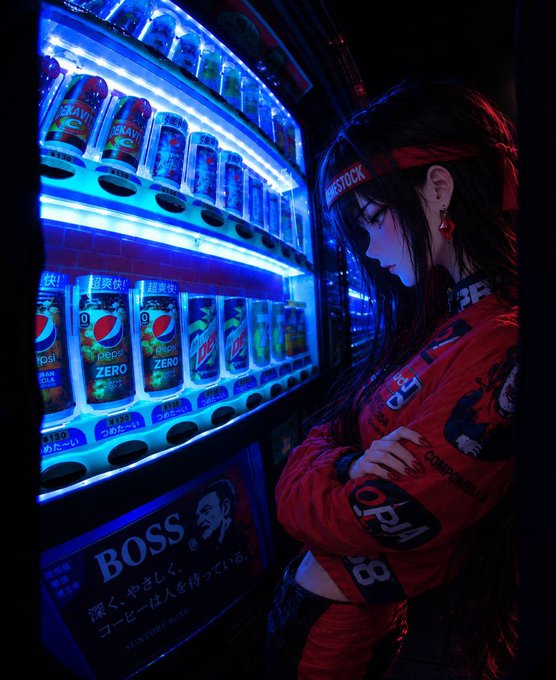A woman in a red jacket with patches and a 'WESTOCK' headband stands in front of a neon-lit Japanese vending machine stocked with Pepsi Zero and other drinks.