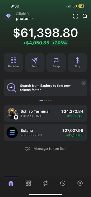 A mobile screenshot of a crypto wallet app (photon) showing a balance of $61,398.80 with a +$4,050.85 (+7.06%) gain, displaying holdings in Schizo Terminal ($34,370.84) and Solana ($27,027.96).