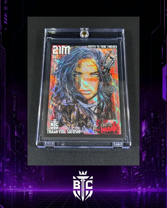 A NFT-style digital artwork titled "DEATH TO TIME THIEVES" displayed in a protective case with BTC branding, featuring a female figure holding a gun and the text "THANK YOU, SATOSHI!".