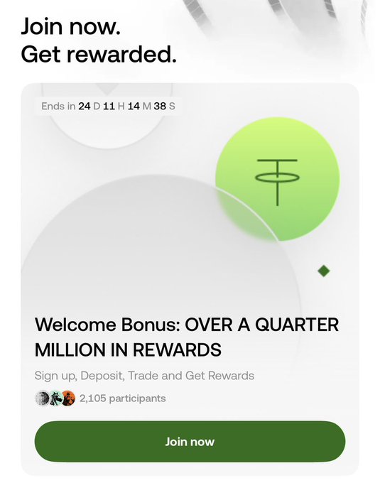 A promotional advertisement for OKX's welcome bonus program, displaying "Join now. Get rewarded." with a countdown timer (24 days, 11 hours) and offering "OVER A QUARTER MILLION IN REWARDS" with 2,105 participants already signed up. The green-themed ad features a "Join now" button and highlights the same $250,000+ reward offer mentioned in the post about claiming free welcome bonuses.