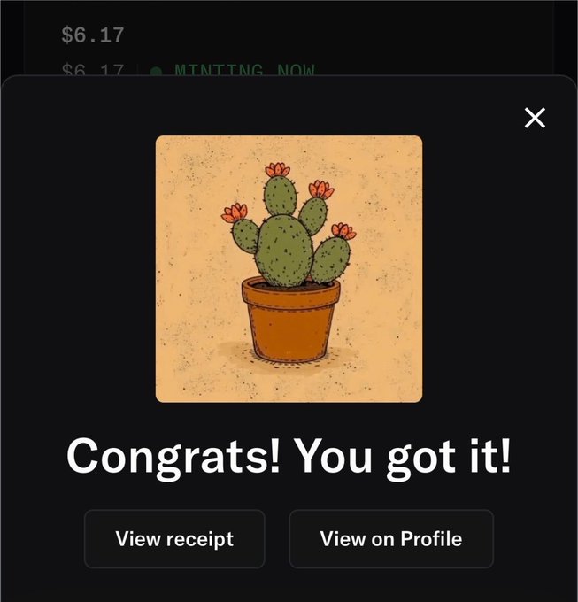A pop-up screen showing an illustration of a flowering cactus in a pot, with the text 'Congrats! You got it!', 'View receipt', and 'View on Profile' buttons, along with '$6.17' and 'MINTING NOW' above.