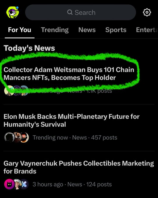 A social media news feed with a circled announcement reading 'Collector Adam Weitsman Buys 101 Chain Mancers NFTs, Becomes Top Holder,' alongside other trending stories about Elon Musk and Gary Vaynerchuk.