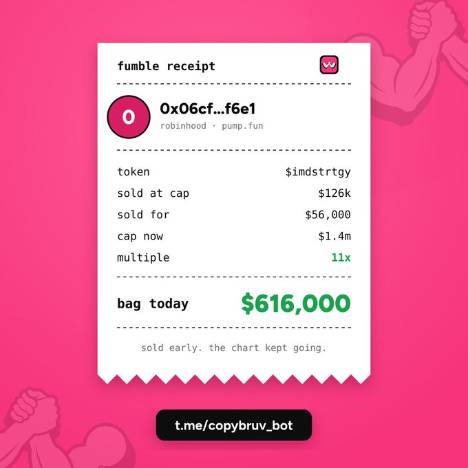 A digital receipt graphic on a pink background titled 'fumble receipt' for token $indstritgy, showing it was sold for $56,000 with a current bag of $616,000 and 11x multiple, tagged 't.me/copybruv_bot'.