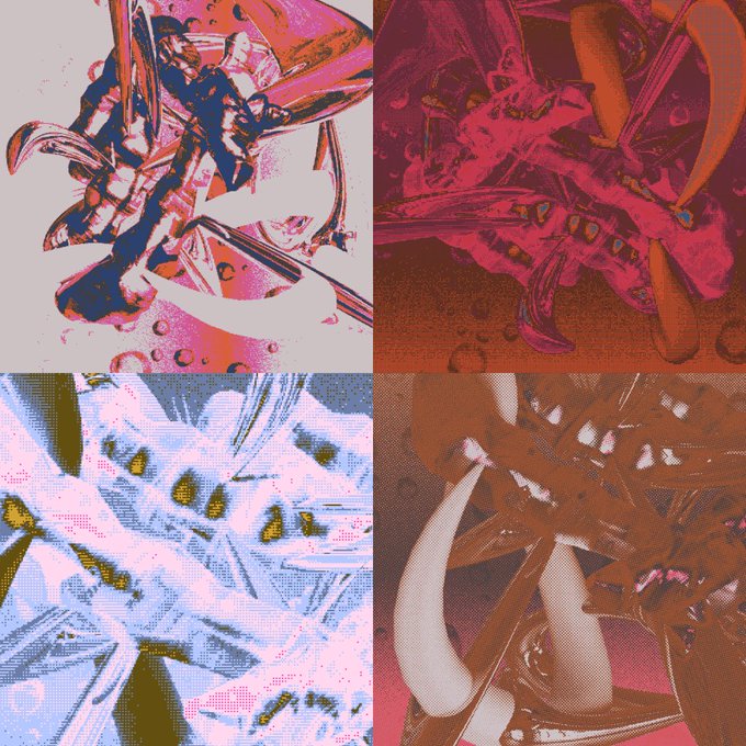 A four-panel collage of highly stylized, colorful digital artwork featuring abstract, organic shapes and vibrant hues of pink, orange, blue, and white.