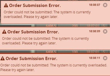 Three Order Submission Error pop-ups displaying messages that 'Order could not be submitted: The system is currently overloaded. Please try again later,' with timestamps 18:08:07, 18:08:09, and 18:08:11, overlaying a game interface.