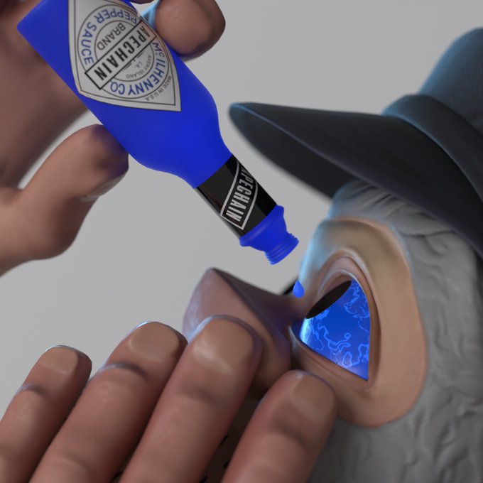 The image features a person's hand holding an open blue bottle of "Livlania" beer, which appears to be a type of beer with a blue label. The person is applying the beer to another person's eye using a small brush or dropper. The scene suggests that they are having fun and engaging in a playful activity together.