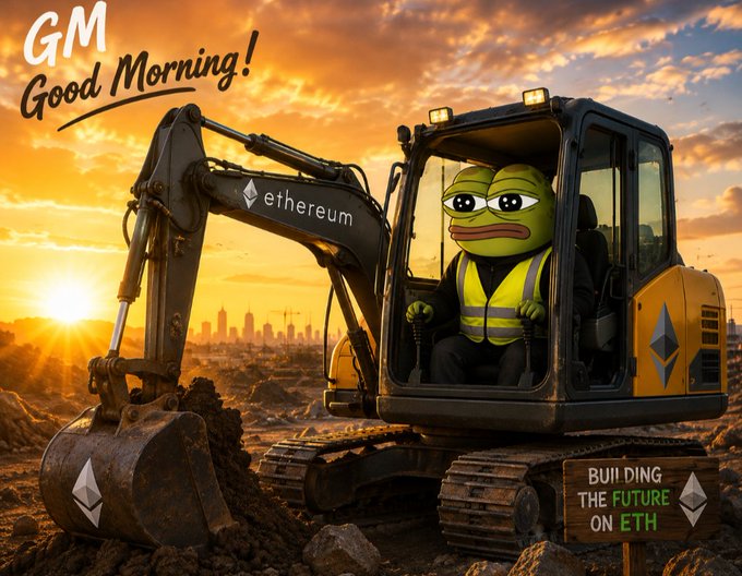A Pepe the Frog character wearing a yellow high-visibility vest sits inside an excavator marked with the Ethereum logo, set against a sunrise backdrop with 'GM Good Morning!' text and a sign reading 'BUILDING THE FUTURE ON ETH'.