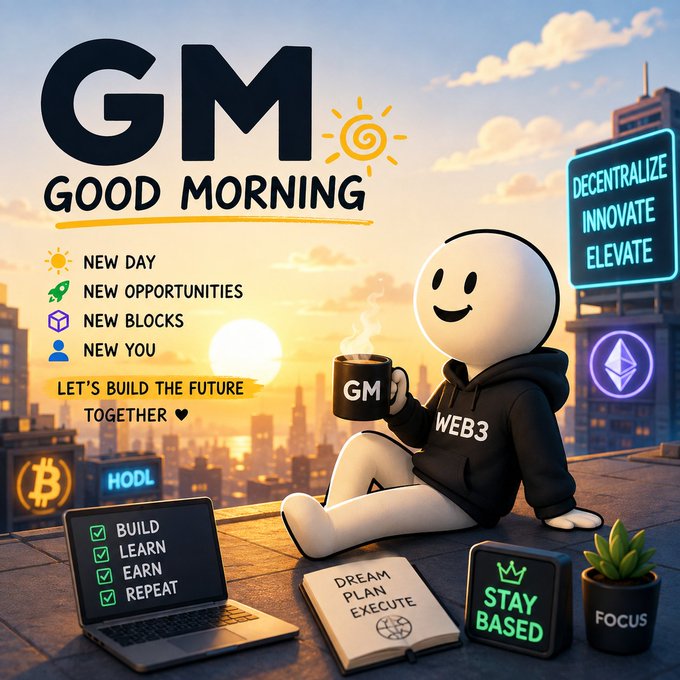 The caption: A cheerful Web3 mascot sits on a rooftop at sunrise holding a "GM" coffee mug, surrounded by motivational crypto-themed items including a checklist reading "Build, Learn, Earn, Repeat," a "Stay Based" digital clock, and neon signs displaying "Decentralize, Innovate, Elevate" alongside an Ethereum logo. The image perfectly embodies the post's "gm frens" greeting and message of new opportunities, capturing the upbeat, community-driven spirit of crypto culture with its "HODL" billboard and "Let's Build the Future Together" tagline.