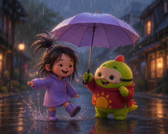 A 3D-rendered scene of a smiling girl in a purple raincoat and sunglasses playfully Puddle-splashing alongside a green dinosaur-like mascot under a purple umbrella in a rainy street.