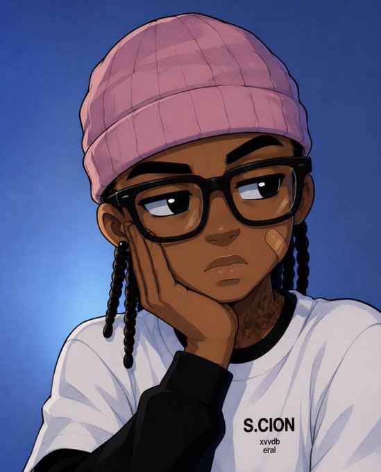 A digital illustration depicts a young character with braids, a pink beanie, and glasses resting their face on their hand, wearing a shirt labeled 'S.CION'.