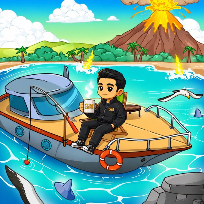 A cartoon illustration of a man in a 'GM' hoodie sitting on a boat holding a 'GM' coffee mug, with a volcano erupting in the background and sharks circling the boat.