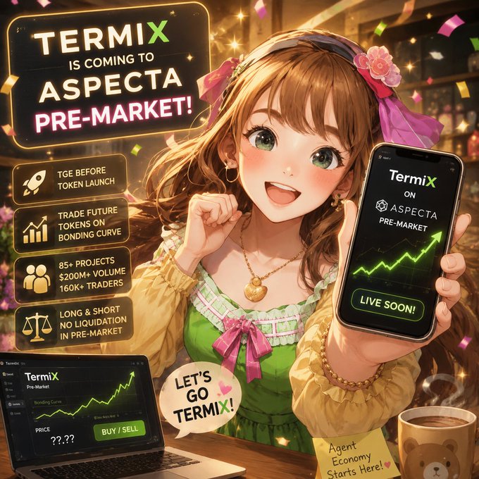 Anime-style promotional artwork announcing 'TERMI X IS COMING TO ASPECTA PRE-MARKET!' featuring a cheerful girl holding a phone, with feature highlights like '85+ PROJECTS $200M+ VOLUME 160K+ TRADERS' and 'LIVE SOON!'.