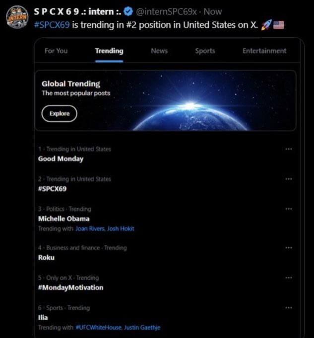 The image shows a Twitter feed with a post titled "SPCX69 #2 Trending in the US The US SPCX69 community is making noise on X". This post has been retweeted by multiple users, including @InternationalSolarship, @UFO87, and @MasonBaker. The post also mentions that it was posted at 8:06 am.