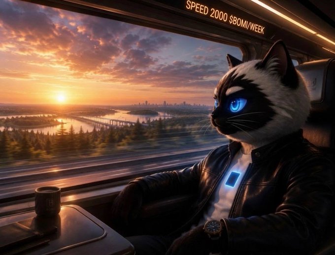 A stylized digital artwork of a Siamese cat with blue eyes wearing a leather jacket, sitting on a train looking out at a sunset cityscape, with text 'SPEED 2000 $BOMI/WEEK' at the top.