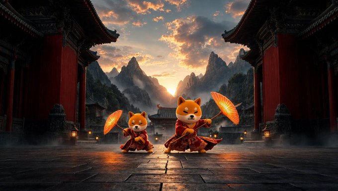 Two Shiba Inu dogs dressed in traditional Chinese red garments holding orange parasols, standing in an Asian temple courtyard at sunset.