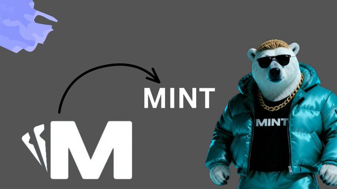 A promotional graphic showing a 'M' logo being minted, featuring a stylized polar bear wearing sunglasses and a teal puffer jacket with 'MINT' on the shirt.