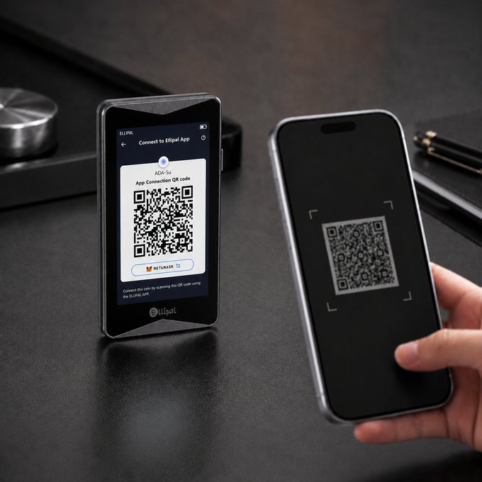 Two smartphones display Ellipal hardware wallet screens—one showing an "App Connection QR code" under "Connect to Ellipal App" and the other actively scanning it—illustrating the secure pairing process that ensures users verify transaction details directly on their hardware device before approval.
