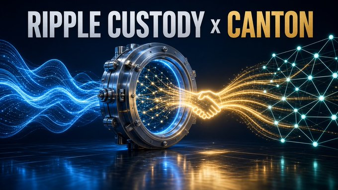 A promotional banner for a partnership between 'RIPPLE CUSTODY x CANTON', showing a glowing vault door with a digital handshake emerging from it, set against a backdrop of network nodes.