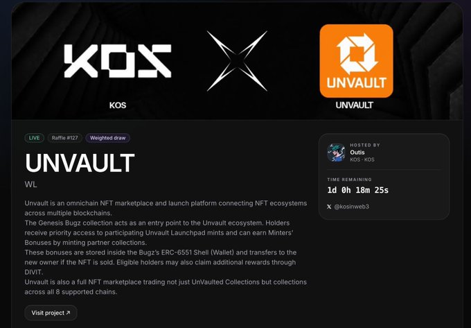 Live NFT mint raffle #127 'UNVAULT' by KOS hosted by Outis, describing an omnichain NFT marketplace and launchpad connected to the Genesis Bugz collection.