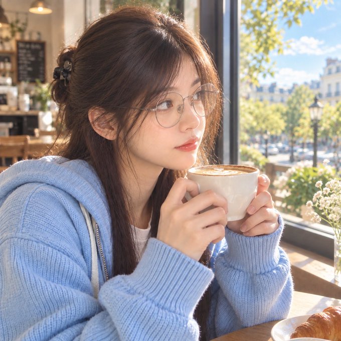 A young Asian woman with glasses and a light blue knit sweater sits at a cafe window, holding a cup of coffee with latte art while gazing outside.