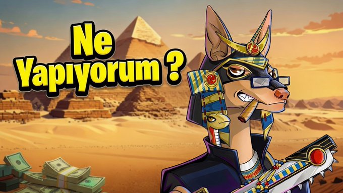 Turkish cartoon illustration of an Anubis-like jackal character with Egyptian pharaoh headdress against a desert pyramid backdrop, with text 'Ne Yapıyorum?' (What am I doing?) in yellow.