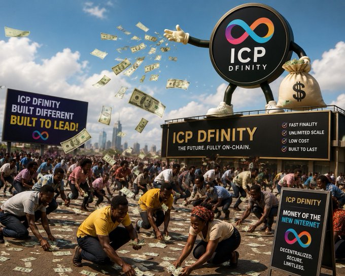 A satirical AI-generated advertisement for 'ICP DFINITY' cryptocurrency featuring a mascot throwing money into the air while crowds scramble to collect dollar bills, with signs reading 'Built Different. Built to Lead!' and 'Money of the New Internet.'