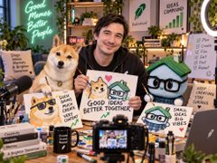 A person holds up a book titled 'Good Ideas Better Thoughts' featuring cartoon characters, with various books and signs displayed in the background.