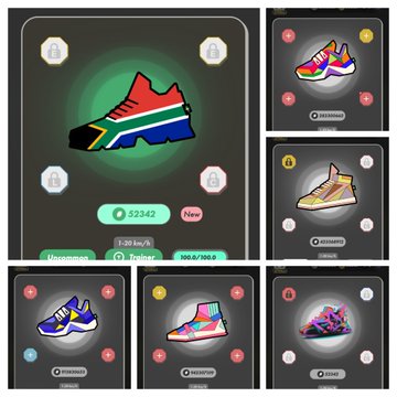 The image features a collection of six different shoe designs, each with unique colors and styles. The shoes are displayed in various positions across the frame, showcasing their distinct characteristics. The background of the image is black, which contrasts with the colorful shoes and makes them stand out even more. The text "stepn" appears multiple times throughout the image, possibly indicating a step-by-step process or a series of related shoe designs.
