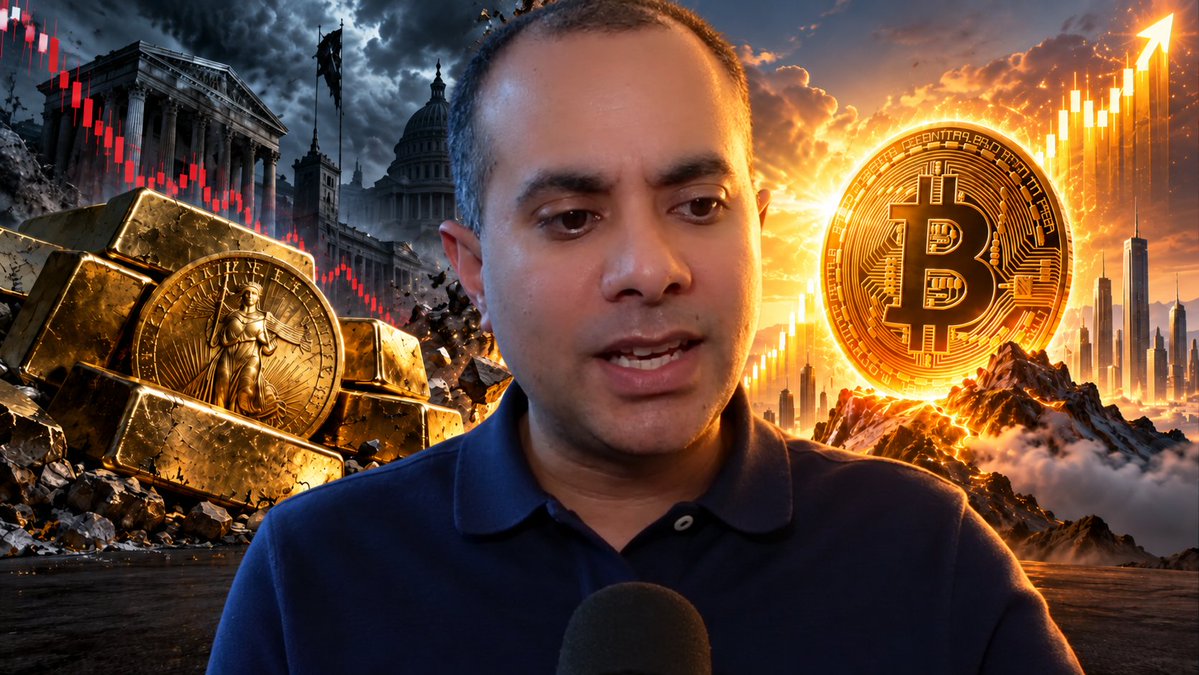 A man speaks into a microphone against a dramatic backdrop featuring a Bitcoin coin, gold bars stamped with the figure of Liberty, and falling red candlestick charts with classical government buildings—visually capturing the video's theme of a Bitcoin bull surge ($87,000) shattering bearish predictions and short sellers.