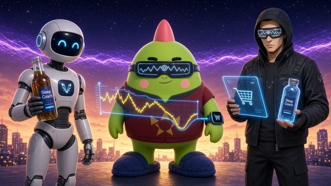 Three characters—a white robot, a green creature with a pink mohawk, and a hooded man—all wearing sleep masks labeled "Sleep Coach," stand in a futuristic cityscape holding products and displaying trading charts.