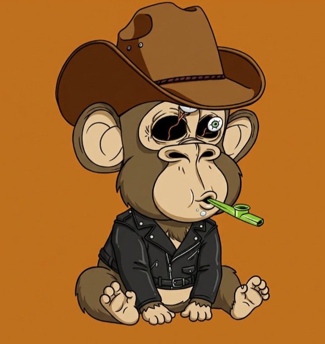 A digital illustration of a cartoon monkey wearing a brown cowboy hat and a black leather jacket, sitting and chewing on a green stalk with drool dripping from its mouth, set against a solid orange background.