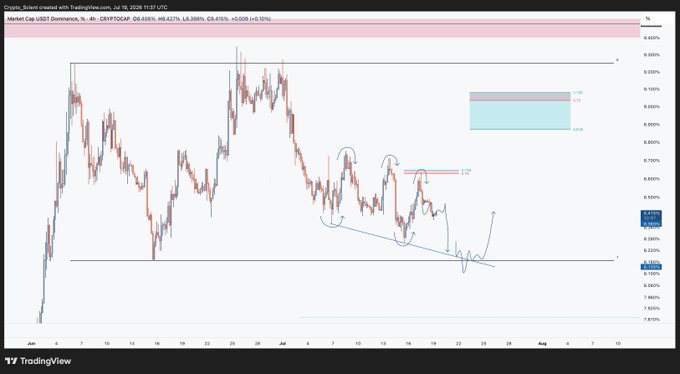 A TradingView 4-hour chart of CRYPTOCAP:USDT.D showing a clean rejection from the OTE (Optimal Trade Entry) zone near the 8.50% supply area, with price consolidating around 8.30% and poised for a move down into the demand range lows (RLs) near 8.10%.